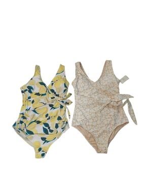 Two Women’s Large One-Piece Swimsuits Lemon Print And Tan Floral Bathing Suits